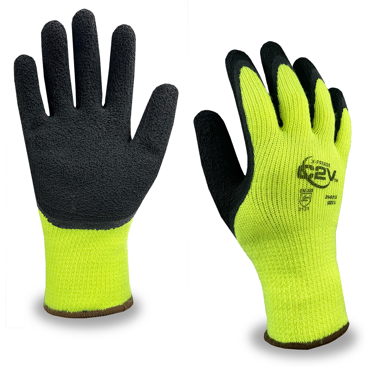 X-FREEZE, HiViz Green 7 Gauge Brushed Loop In Acrylic Terry Shell, Black Foam Latex Palm, ANSI Cut A2