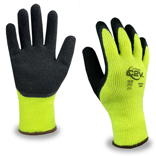 X-FREEZE, HiViz Green 7 Gauge Brushed Loop In Acrylic Terry Shell, Black Foam Latex Palm, ANSI Cut A2