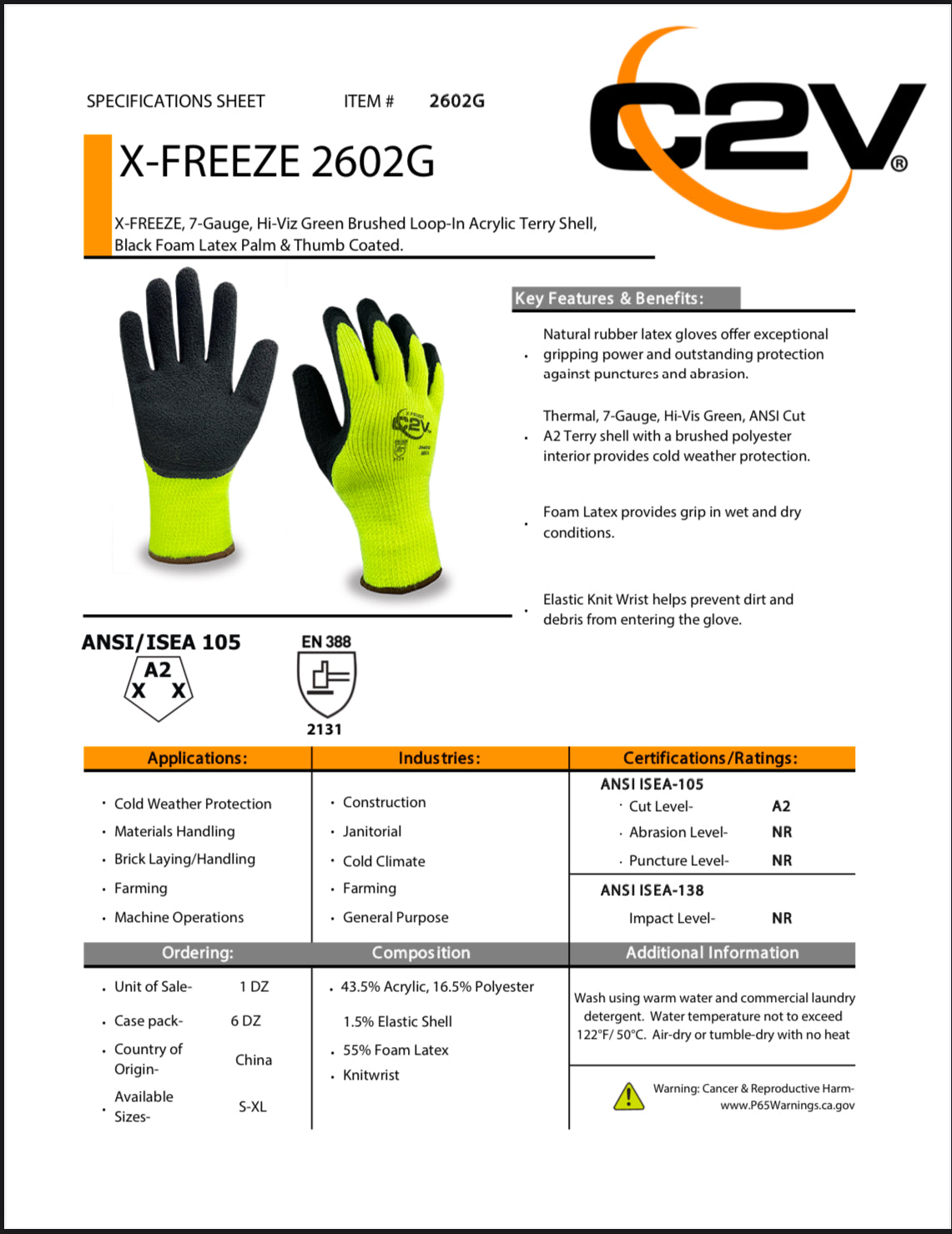 X-FREEZE, HiViz Green 7 Gauge Brushed Loop In Acrylic Terry Shell, Black Foam Latex Palm, ANSI Cut A2