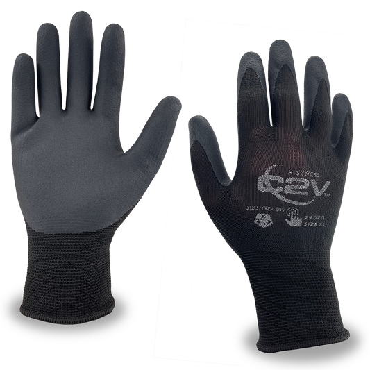 X-Stress Foam Nitrile Palm Coated work gloves. Excellent puncture, tear and abrasion resistance. The coating is also breathable and durable. Touchscreen Fingertips.