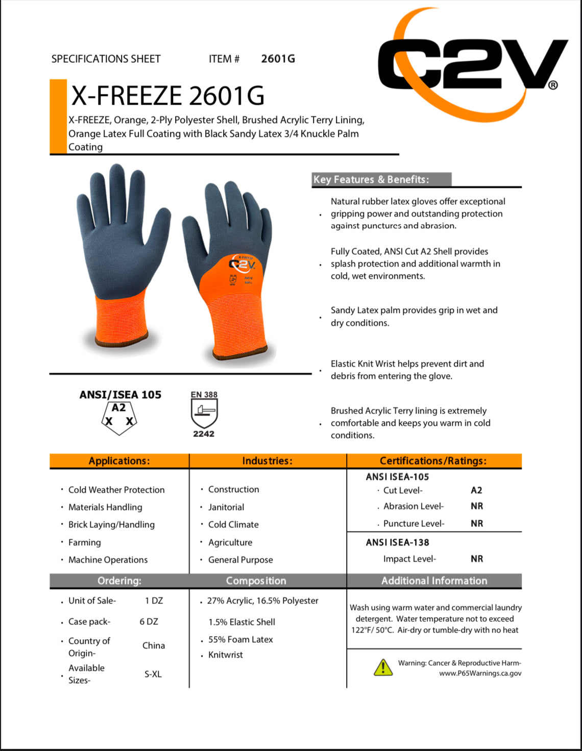 X-FREEZE, Orange Polyester Shell, Brushed Acrylic Terry Lining, Full Latex Coat w 3/4 SN Back, ANSI Cut A2