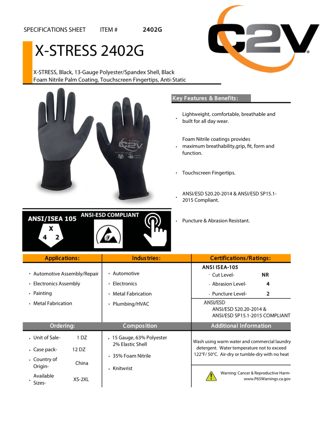 X-Stress Foam Nitrile Palm Coated work gloves. Excellent puncture, tear and abrasion resistance. The coating is also breathable and durable. Touchscreen Fingertips.